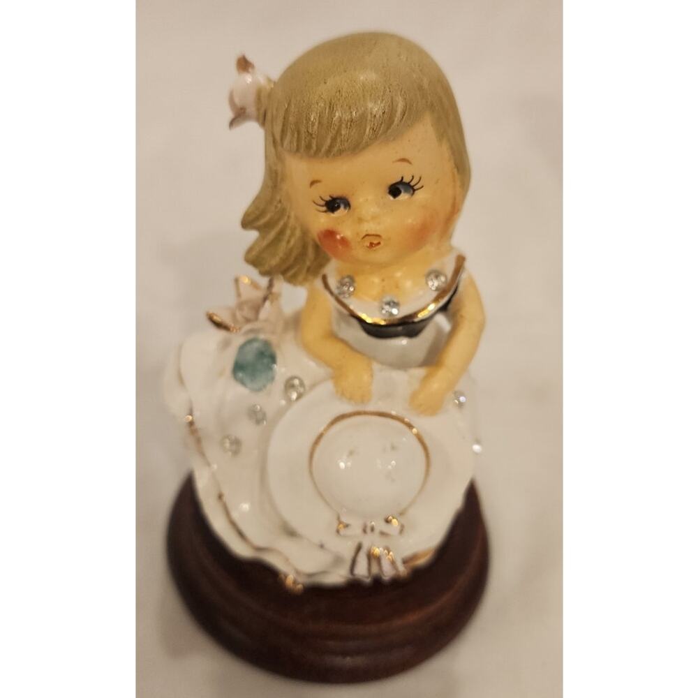 Vintage Wade Japan Angel Bell Figurine on Wooden Stand 5"